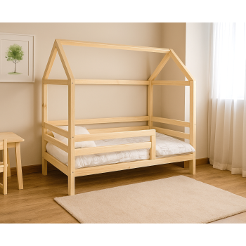 Łóżko domek dla dziecka z barierką i stelażem BLANKA, Montessori drewniane